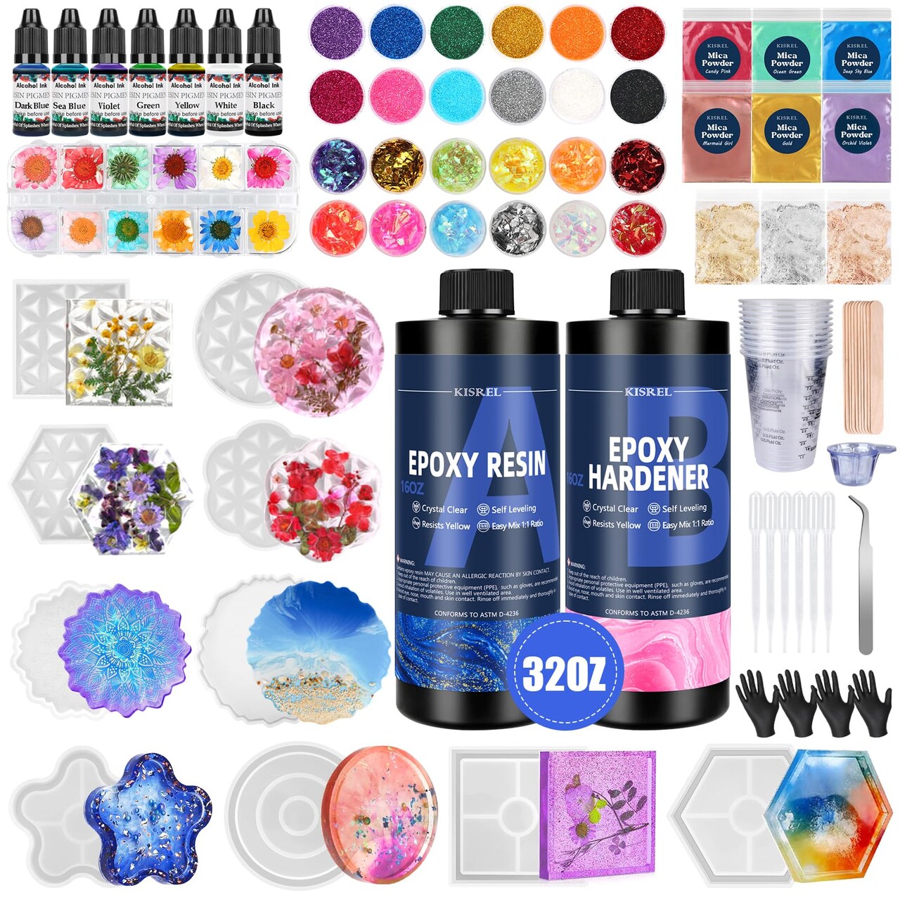 Epoxy Resin Kit for Beginners, 32oz Resin Kit with Coaster Molds, Complete Accessories Include Pigment, Mica Powders, Dried Flowers, Glitter, Measuring Cups and Other Resina Supplie